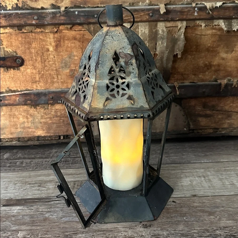 Rustic Black Metal Lantern with Candle